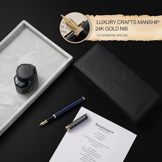 Blue Luxury Fountain Pen Set for Men and Women with Gift Box, 24K Gold Finish and Gilded Nib(Extra Fine) with 5 Black Ink Cartridges and Converter
