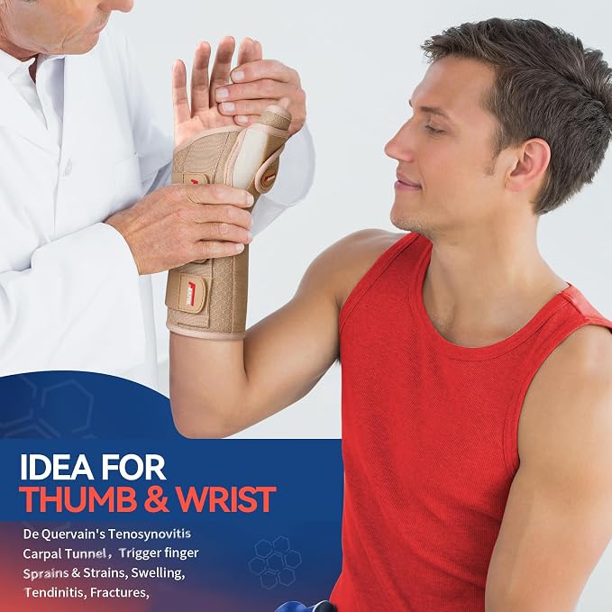 FEATOL Carpal Tunnel Wrist Brace Night Support, Thumb Spica Splint Right Hand for De Quervains Tenosynovitis, Tendonitis, Thumb Brace for Women Men, Beige, Small/Medium
