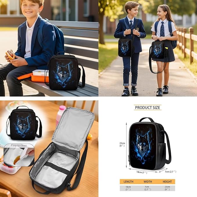 Cool Wolf Backpack with Lunchbox for School Boys Bookbag 4-in-1 Set with Lunch Box Water Bottle Sleeve Pencil Case Back to School Supplies Birthday Present for Kids