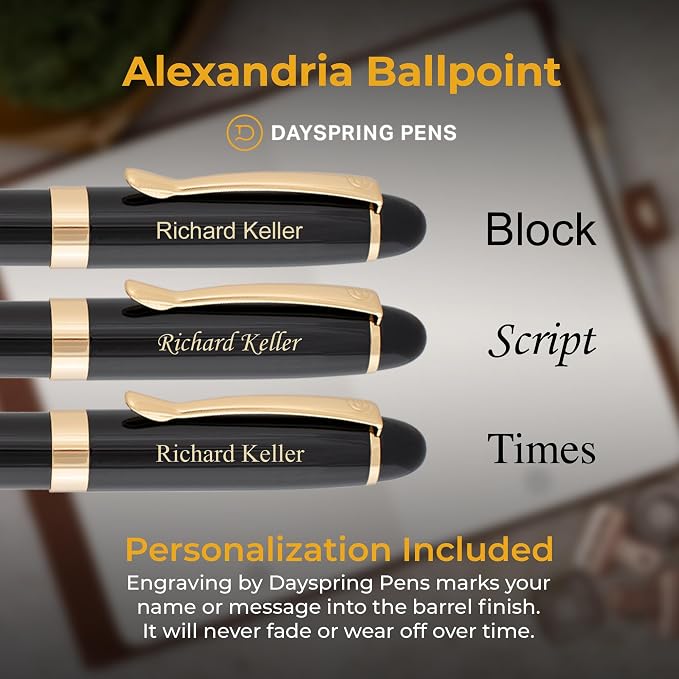 Dayspring Pens Alexandria Black Ballpoint Pen with Gold Trim, Large Barrel, Gold Engraving on Cap, Parker G2 Refill Compatible, Gift for Graduation, Career Advancement, Birthdays