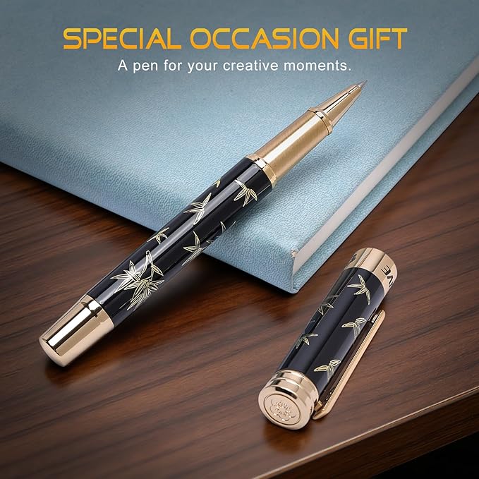 ZHKUVE Luxury Rollerball Pen,Stunning Black Lacquer with bamboo leaf patterns,Switzerland Tip with Black Ink Refills, Elegant Gift Set For Men & Women, Executive Writing, Nice Fancy