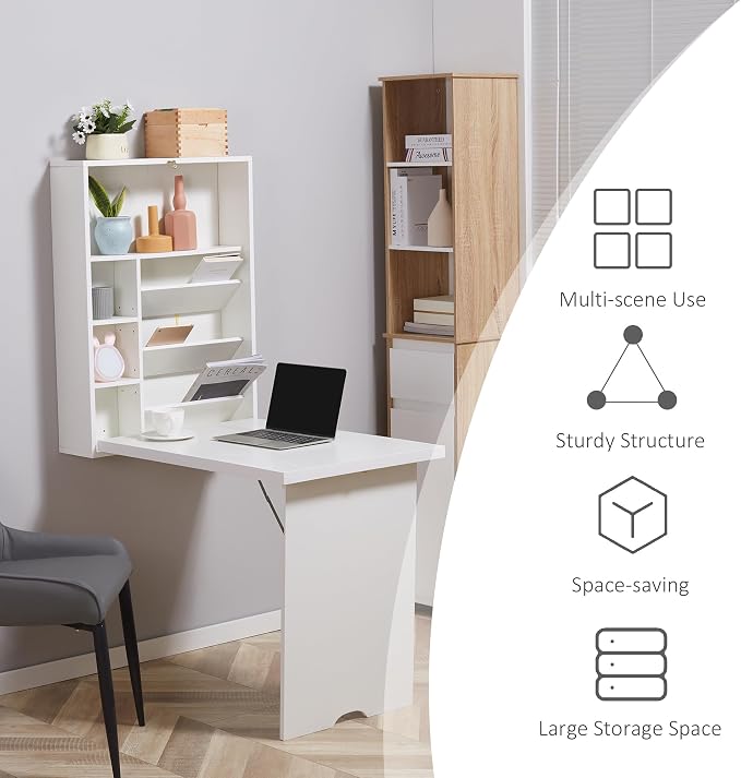 HOMCOM Wall Mounted Fold Out Convertible Desk, Multi-Function Floating Desk with Storage Shelf for Home Office, White