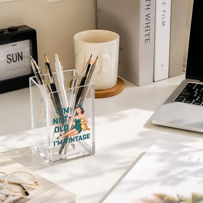 YAZMEEN Vintage Gift Acrylic Pen Holder - I'm Not Old, I'm Vintage Desk Organizer - Office & Home Desk Accessories - Birthday Gift for Women, Mom, Grandma, Friends