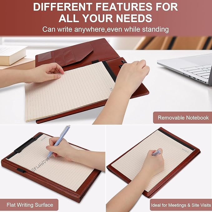 Padfolio Clipboard, Portfolio Organizer with Notepad, Premium PU Leather Clipboard Folder for Legal Pad, Versatile Clipfolio with Storage, Letter Size Document Holder for School Office