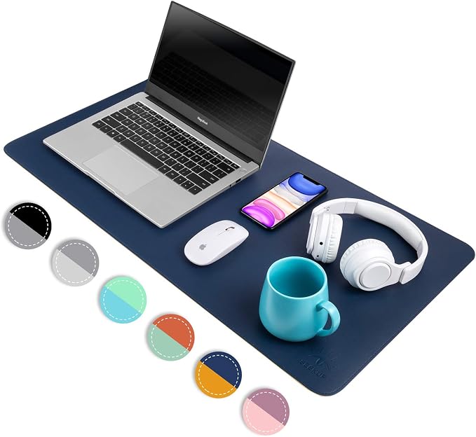 Dark Blue/Yellow Dual-Sided PU Leather Desk Pad, Upgraded Sewing Laptop Mat, Waterproof Large Mouse Pad, Non-Slip Writing/Painting Mat Desk Blotter Protector for Office/Home 31.5"x15.8" (80x40cm)