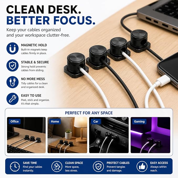 Magnetic Cable Organizer 12 Pack, Cord Holder for Nightstand, Cable Organizer Clips, Cord Clips for Wires on Wall, Desk Cord Management Holder for USB & Phone Charger Cables (12)