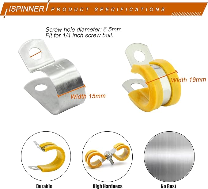 ISPINNER 52pcs Cable Clamps Assortment Kit, 304 Stainless Steel Rubber Cushion Pipe Clamps in 6 Sizes 1/4" 5/16" 3/8" 1/2" 5/8" 3/4" (Yellow)