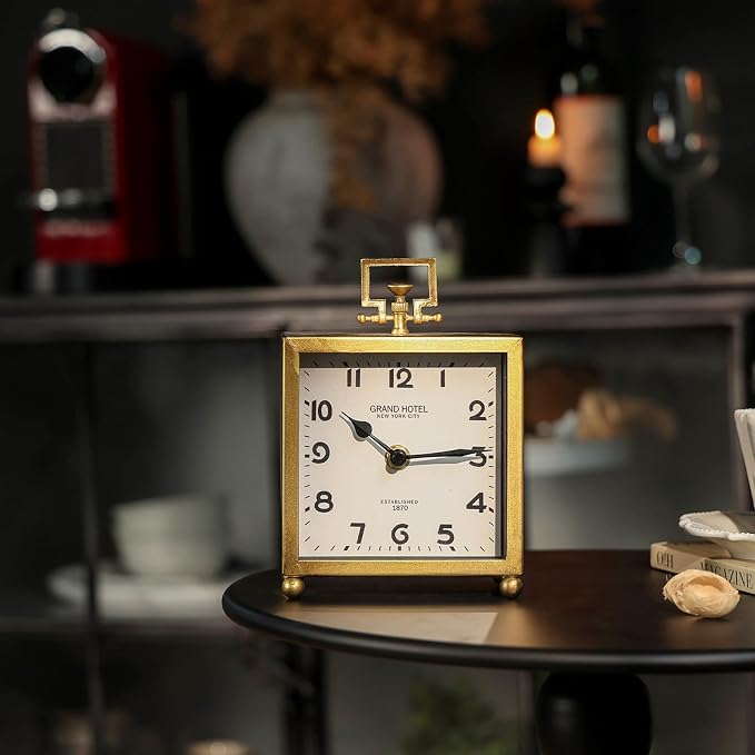 NIKKY HOME Small Gold Table Clock, Silent Classic Decorative Desk Clocks | Non-Ticking Battery Operated Vintage Metal Square Shelf Clock, Antique Decor for Living Room, Bathroom, Office, Mantel