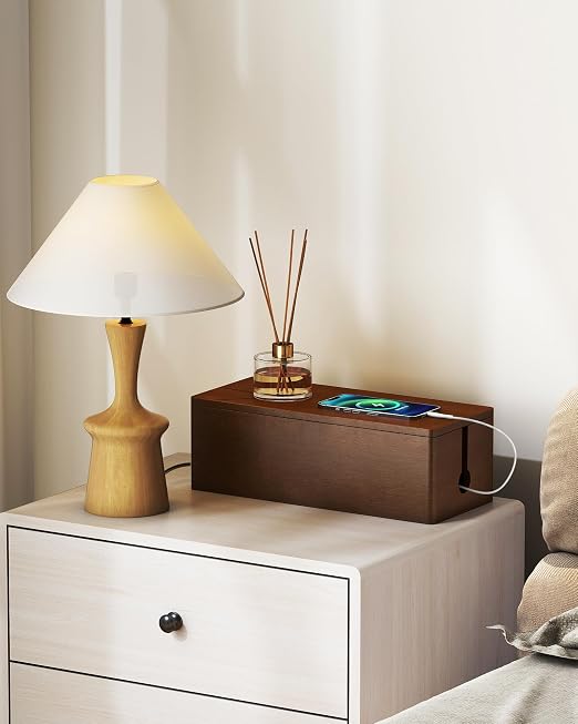 YECAYE Solid Wood Cable Management Box, Walnut Color, 14.2 x 6.1 x 4.1 | Magnetic Closure, For Power Strip & Wire Storage, Cord Organizer, Hide Cords, Home Office Decor,Cable Organizer Box