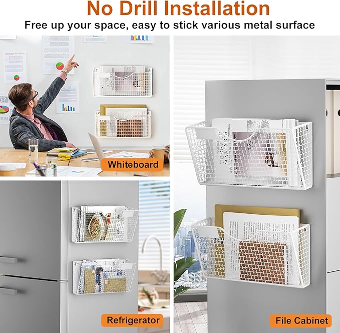 MFTEK Magnetic File Holder, 2 Pockets Wall File Folders Holder No Drilling Magnetic Paper Mail Organizer Magazine Basket, Hanging Storage Rack for Fridge Cabinets Office Classroom(White)