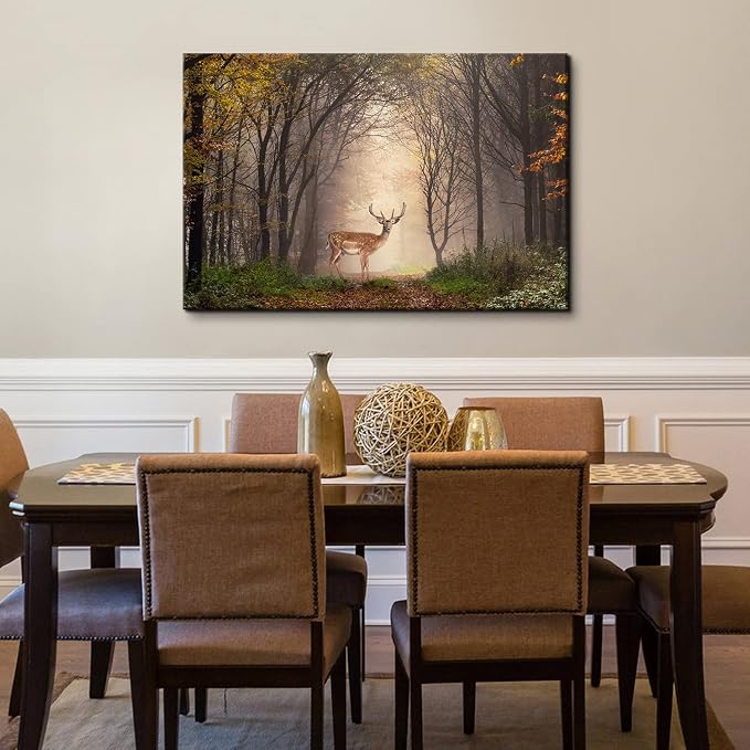 Wild Animal Landscape Canvas Wall Art Deer in Autumn Foggy Forest Picture Wall Decor Elk Wildlife Scenery Photo Prints Painting Decoration for Modern Living Room Bedroom Bathroom Home Art 32x48 Inch