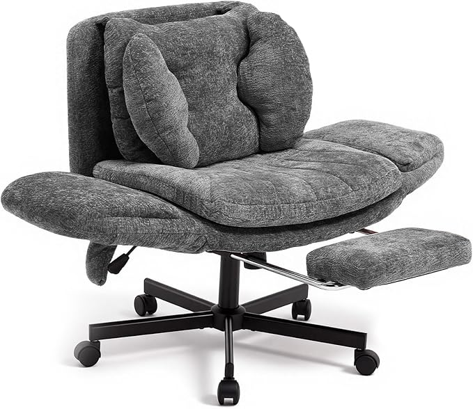 Criss Cross Office Chair with Footrest and 5-Gear Adjustable Arms, Grey | Wide seat cross-legged desk chair, flip lumbar pillow, airbag support, chenille fabric, for home office vanity and meditation