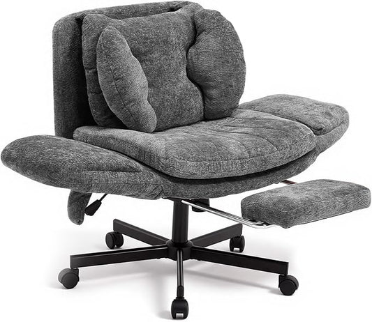 Criss Cross Office Chair with Footrest and 5-Gear Adjustable Arms, Grey | Wide seat cross-legged desk chair, flip lumbar pillow, airbag support, chenille fabric, for home office vanity and meditation