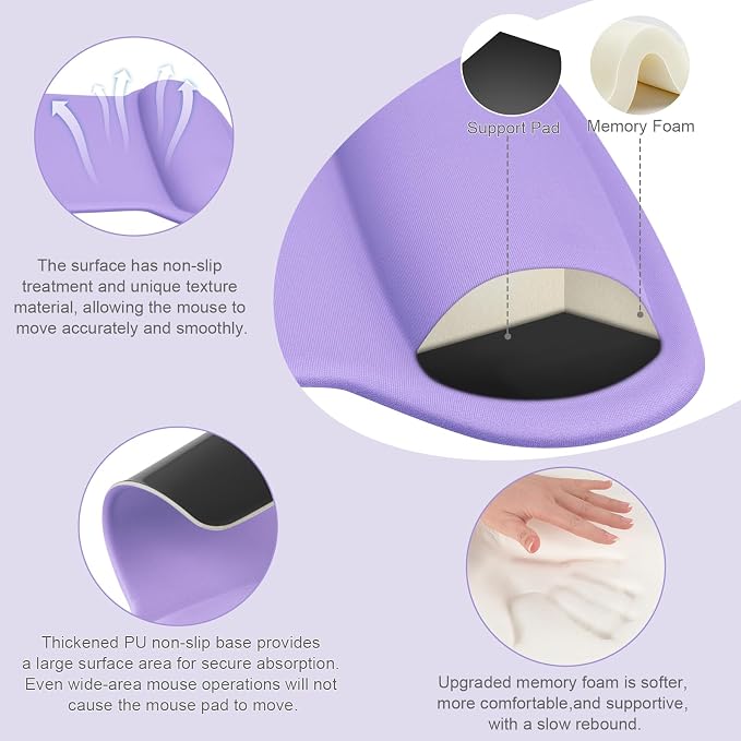 MOSISO Wrist Rest Support for Mouse Pad & Keyboard Set, Ergonomic Mousepad Non-Slip Base Home/Office Pain Relief & Easy Typing Cushion with Neoprene Cloth & Raised Memory Foam, Light Purple