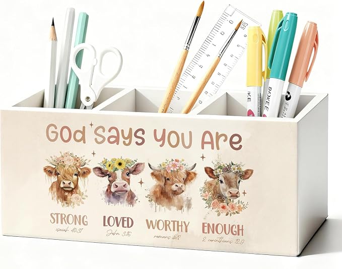 Highland Cow Christian Pen Pencil Holder for Desk, Christian Gifts for Women, God Says You Are Bible Verse Western Highland Cow Wooden Box Sign Decorations for Home Office Desk Tabletop