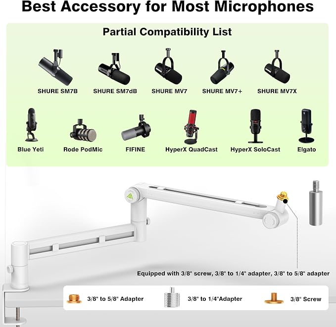 AA AUDIO ACCESSORY White Boom Arm Low Profile (Design for Heavy Mic) 6.6lbs Load Capacity, Gear Lock Structure Never Sags, Metal Microphone Stand Desk Mount for Shure SM7B MV7+, Blue Yeti, Rode PodMic