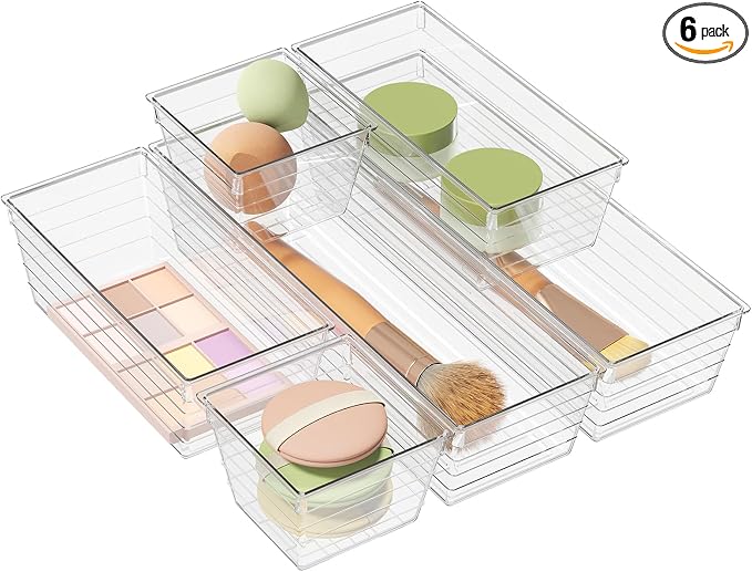 DCA 6 Pack Clear Drawer Organizer, Multi-Size Storage Bins | Makeup, Cosmetics & Utensils | Drawer Tray set | Customizable Layout | Easy to Clean