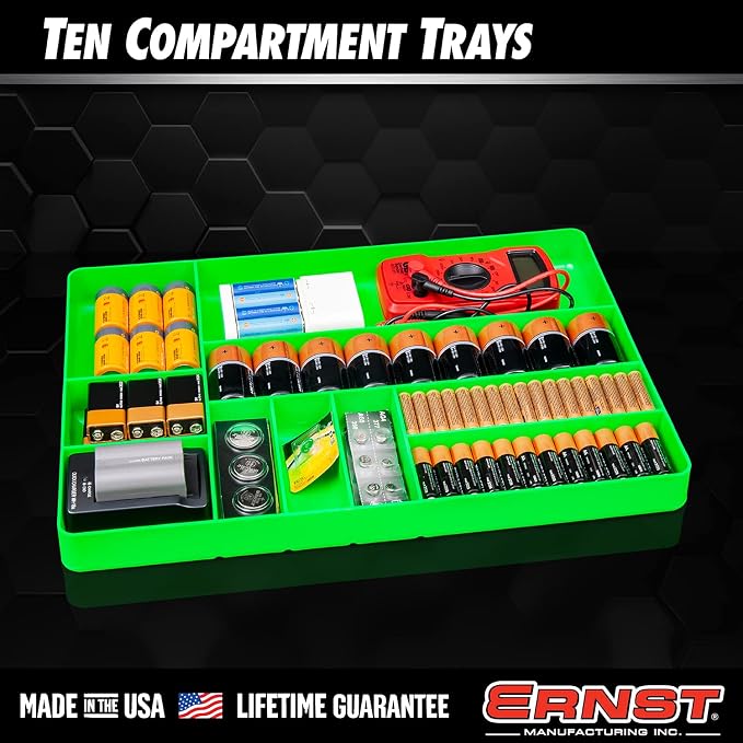 Ernst MFG 10 Compartment Drawer Organizer: Heavy Duty Stackable Tray for Automotive Tool Organization -Low Profile Toolbox - Nuts and Bolts, Tools, Parts, Easy to Clean - Black - Made in the USA