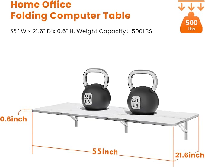 IAE Wall Mounted Floating Foldable Desk, 55" x 22" Folding Computer Workstation Table with Engineered Wood and Metal Shelf Brackets,Fold&Floating Design for Home Office, Apartment,Laundry Room,White