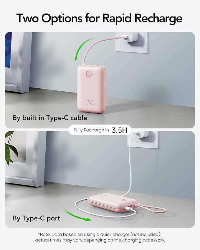 VIYISI Power Bank 20000mAh 30W Fast Charging Portable Charger with Built-in Cables & LED Display, USB C Battery Pack for iPhone 17/16/15/14, Samsung, iPad and Android Phones, Ideal for Travel-Pink
