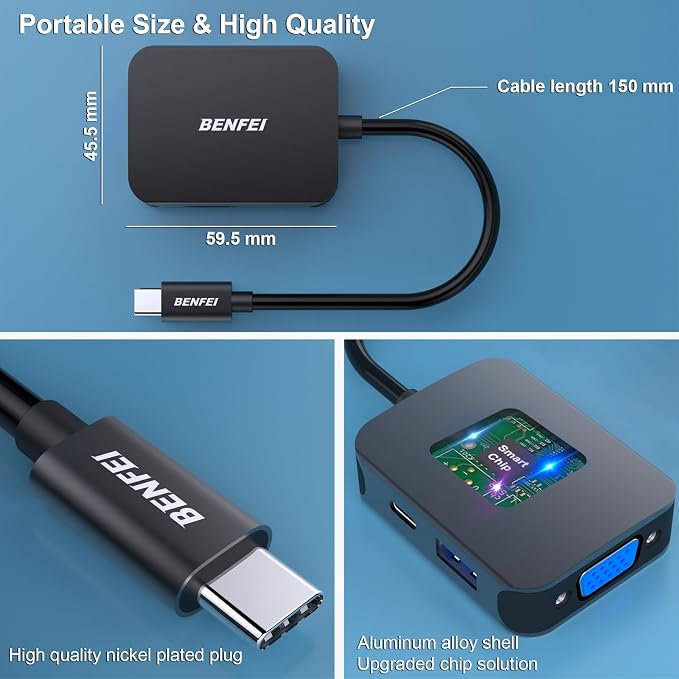 BENFEI USB C HUB 4in1, USB Type-C to HDMI VGA Adapter, USB C to USB Adapter, USB Type-C Power Delivery, Compatible with iPhone 15 Pro/Max, MacBook Pro/Air 2023, iPad Pro, iMac, S23, XPS 17