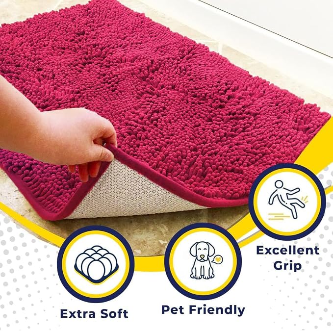 Muddy Mat® | Super Absorbent Door Mat Indoor, Microfiber Quick Dry Chenille Entryway Rug, Non-Slip Front Door Mat, Indoor Mats for Entryway, Machine Washable Pet Rug, Hot Pink 19" x 30"