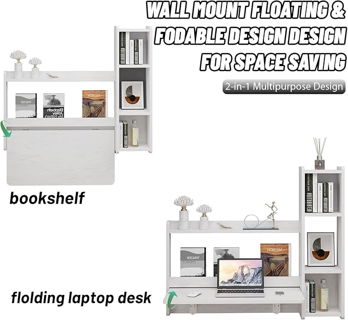 Pmnianhua Floating Desk,41'' Wall Mounted Desk,Fold Down Laptop Desk,Folding Workstation,Space Saving Table with Storage for Bedroom Study Room Small Space (Off White-Left)
