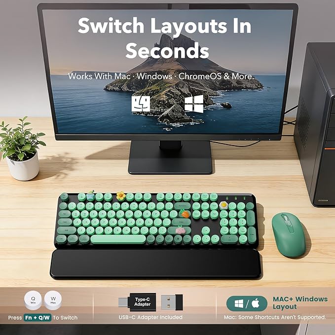 Wireless Keyboard and Mouse Combo-Round Keycaps, Full-Size Retro Typewriter Keyboard with Detachable Wrist Rest, Sleep Mode & Tilt Legs, 2.4GHz Cordless Connection for Mac/Windows/PC (Black & Green)