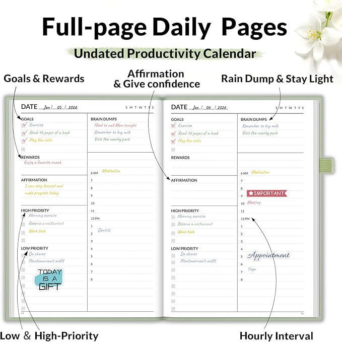 SUNEE Adhd Daily Planner for Adults,3-Month Undated Daily Weekly Monthly Planner for Productivity, Goal Setting, Time Management, Work & Life - for Men & Women,Vision Board + Stickers,Sage Green