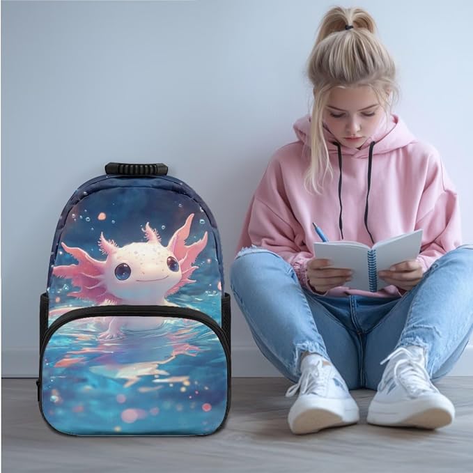 Ystardream Kids School Backpack with Lunch Box Aesthetic Axolotl Backpack for Girls Elementary School Large Rucksack Daypack with Pencil Case,Water Bottle Sleeve 4 Piece School Supplies for Boys Girls