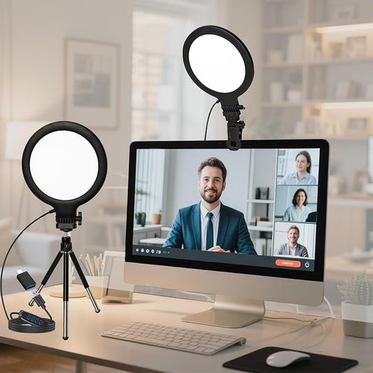 Computer Video Conference Lighting for Zoom: 6in Dimmable 3200K-6500K Ring Light with Monitor Clip & Desk Tripod - Professional Eye-Caring Webcam Light for Home Office Teams Video Calls & Streaming