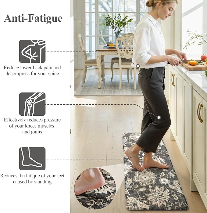 LEEVAN Anti Fatigue Kitchen Mats for Floor, Cushioned Kitchen Mat Set 2PCS | 17.3"x29"+17.3"x47", Boho Floral Black Kitchen Rugs Non-Slip, Waterproof Ergonomic Standing Mats for Laundry, Office, Sink