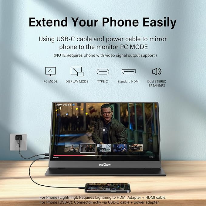 InnoView Portable Monitor, 15.6 Inch FHD 1080P HDMI USB C Second External Monitor for Laptop, Desktop, MacBook, Phones, Tablet, PS5/4, Xbox, Switch, Built-in Speaker with Protective Case