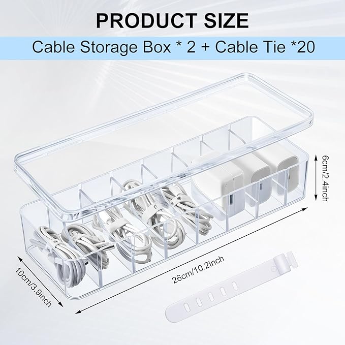 Tatuo 2 Pcs Cord Organizer for Drawer Desktop, Cable Organizer Box with 8 Compartments and Wire Ties, Plastic Charger Storage with Lid, Electronics Case for Home Office Accessories (Small,Clear)