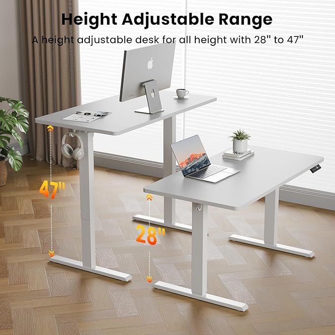 WALKINGDESK 48x24 Inches Height Adjustable Electric Standing Desk with 2 Hooks for Home Office, Ergonomic Sit Stand up Desk with Splice Board, White
