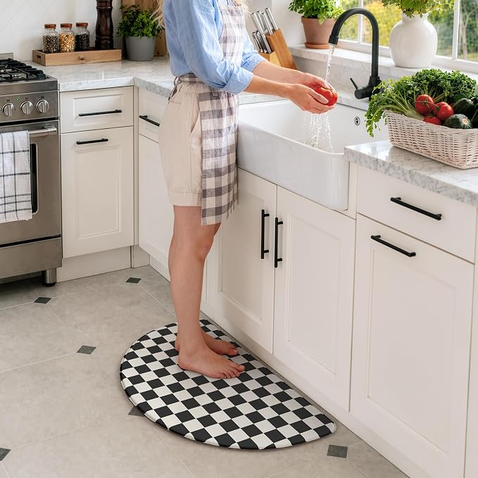 KIMODE Anti Fatigue Kitchen Mats for Floor,18"x 28" Farmhouse Kitchen Decor | Paded Kitchen Floor Mat, Memory Foam Standing Desk Mat, Half Round Bathroom Rug for Sink, Black Plaid Laundry Room Rug Dorm