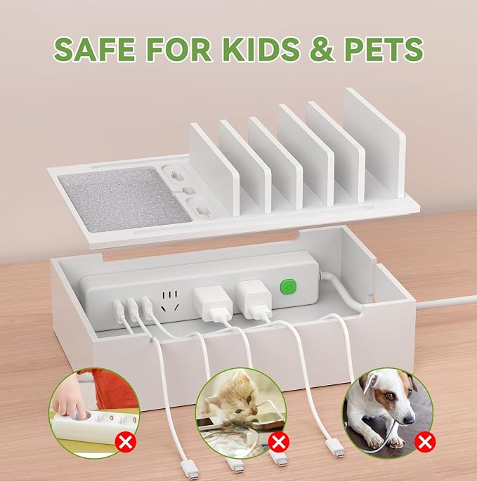 Pezin & Hulin Bamboo Charging Station-White (No USB Charger and Cables) | Electronic Devices Organizer for Multiple Devices Charger Such As Cell Phone, Tablet, Watch and More