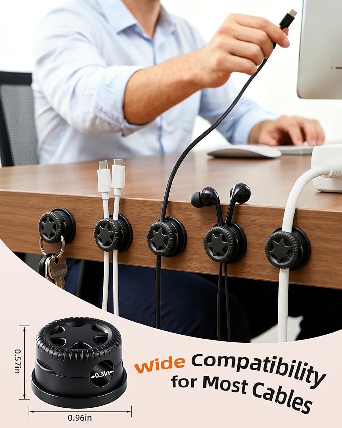 AGPTEK 8 Pack Magnetic Cable Clips, 360° Rotatable Cord Holder, Black | Adhesive Desk Cord Organizer for Nightstand, Home Office Wire Management Wire Keeper for Phone Charger USB Charging Cables