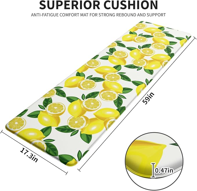 Lemon Kitchen Decor Mat, Extra Long Anti Fatigue Kitchen Mats | Extra Long Coverage,Bright Lemon Pattern,Cushioned Comfort,Waterproof Surface,Non-Slip Backing,Easy Clean,Kitchen Island