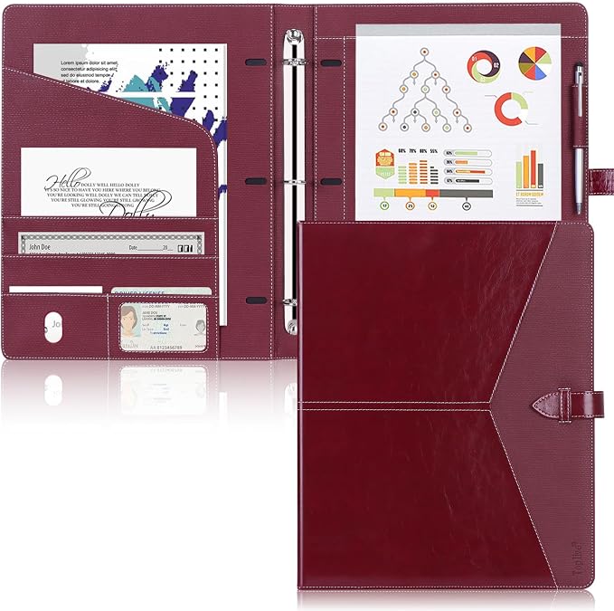 Toplive Padfolio 3 Ring Binder Organizer Business Portfolio Folder for Women, A4/ Letter Size PU Leather Portfolio Padfolio for Interview Conference Presentation, Wine Red