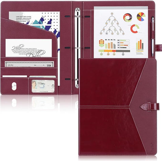 Toplive Padfolio 3 Ring Binder Organizer Business Portfolio Folder for Women, A4/ Letter Size PU Leather Portfolio Padfolio for Interview Conference Presentation, Wine Red
