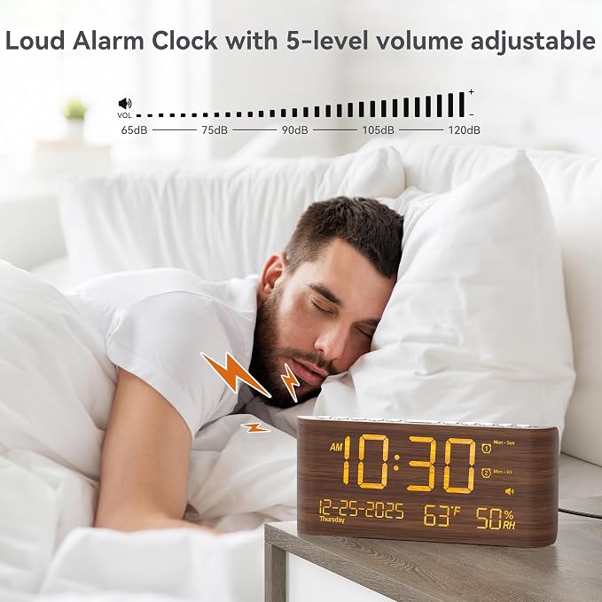 Mesqool Digital Alarm Clock with Temperature & Humidity | Dual Alarms, Calendar clock, Loud Volume, USB & Type-C Charging, 5-Level Brightness for Bedroom & Office