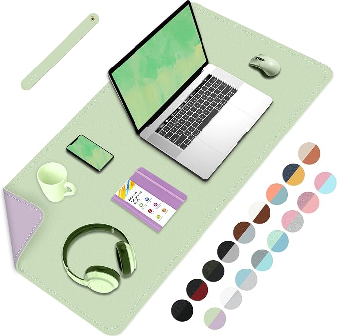 Double-Sided Office Desk Mat, Large Mouse Pad, Waterproof PU Leather Protective Pad, Laptop Desk Pad, Dual Use Cover Protector for Office/Home Keyboard (Matcha+Purple, 31.5''×15.8'')