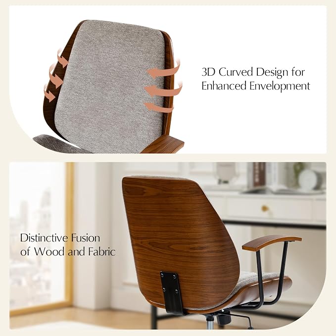 HULALA HOME Solid Wood Office Chair with Tilt Function & Metal Base, Tan | Mid Century Modern Desk Chair with Bent Wood Frame, 360° Swivel Fabric Computer Task Chair, Height Adjustable