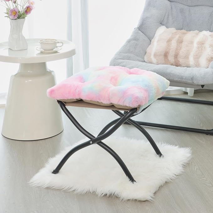 15"(H) Folding Ottoman, Foldable Footrest Stool, Portable Small Foot Stool for Couch, Collapsible Foot Rest Ottoman for Sofa, Accent Padded Ottomans for Living Room, Bedroom, Rainbow