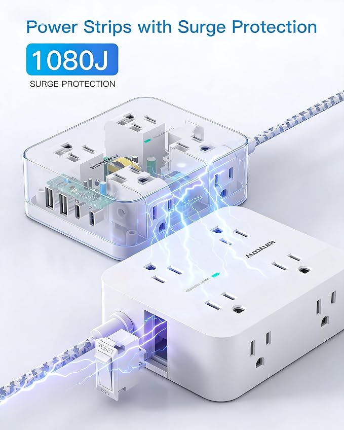 PD 30W USB C Power Strip Surge Protecor, HANYCONY 8 Outlets 4 USB(2 USB C Ports), 1080J Desk Charging Station for Multiple Devices, 15 Ft Flat Plug Extension Cord for College Dorm Room Essentials