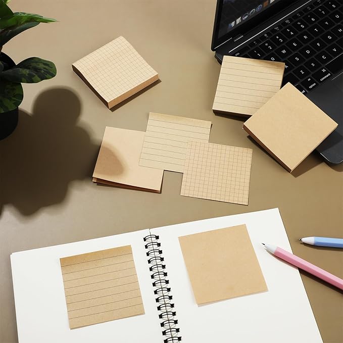 3 Pack Aesthetic Sticky Notes 3 x 3 Inches with Lines Grids, 80 Sheets/Pad, Brown