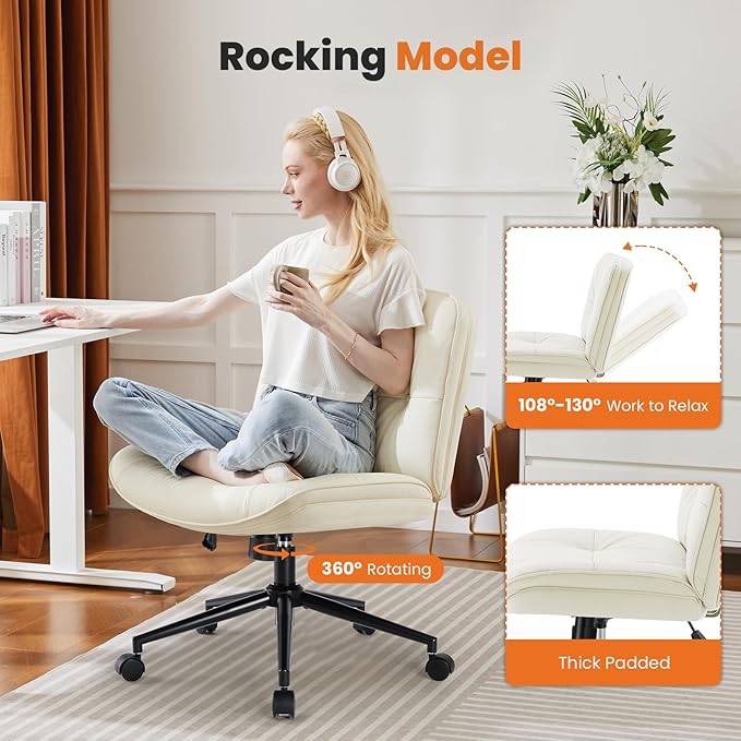 Sweetcrispy Armless-Office Desk Chair with Wheels, Cross Legged Wide Chair, PU Leather Comfortable Adjustable Swivel Computer Task Chairs for Home,Office,Make Up,Small Space,Bed Room Light Beige