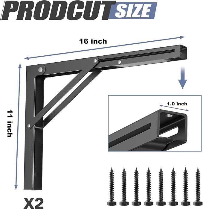 WALMANN 16 inch Folding Wall Shelf Brackets, Wall-Mounted Collapsible Brackets for Workbench/Table, 150 lbs Capacity, Space-Saving Hinges for Garage, Kitchen, Laundry(No Board)
