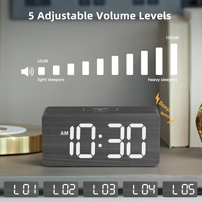 uscce Wooden Digital Alarm Clocks for Bedrooms with 0-100% Dimmable Display | Desk Clock with Large Numbers for Living Room - Loud Dual Alarm for Heavy Sleepers with Volume Control - Wood Decor & Gifts